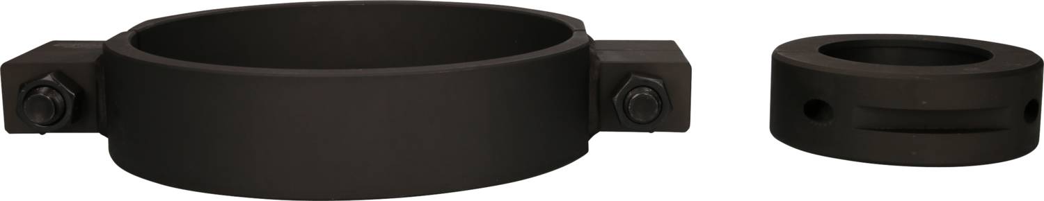 Two black metal rings, a larger one on the left with bolts, a smaller one on the right without bolts. They appear industrial.