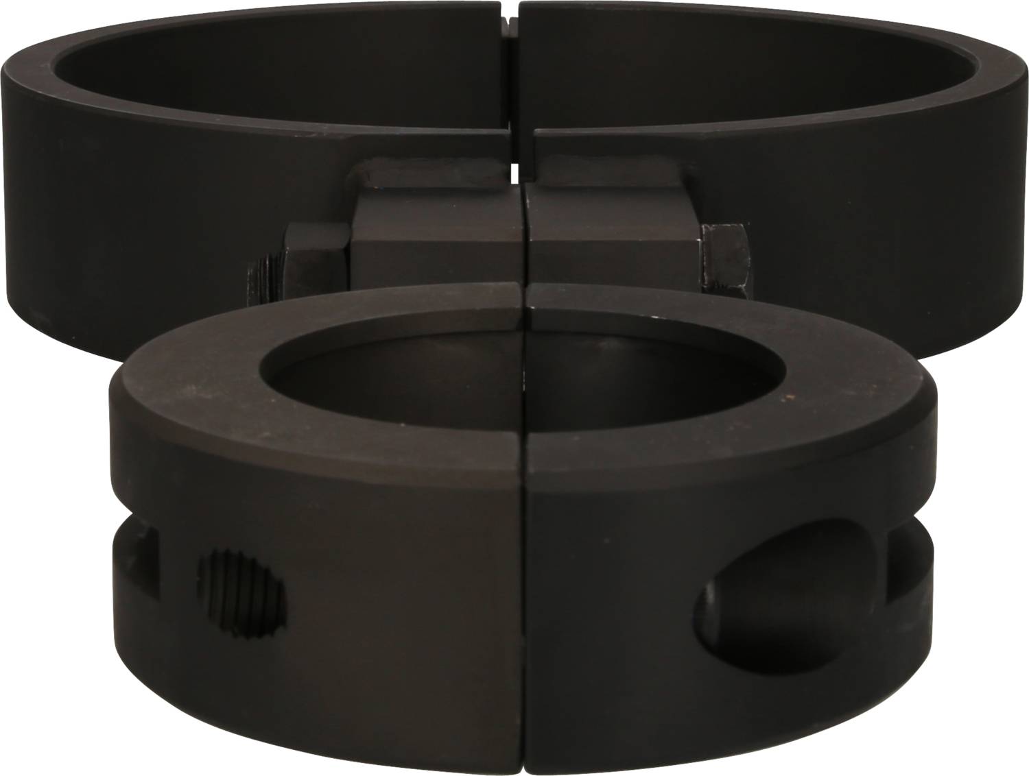 Two black metal clamps that are screwed together. A larger clamp in the background, a smaller one in the foreground.