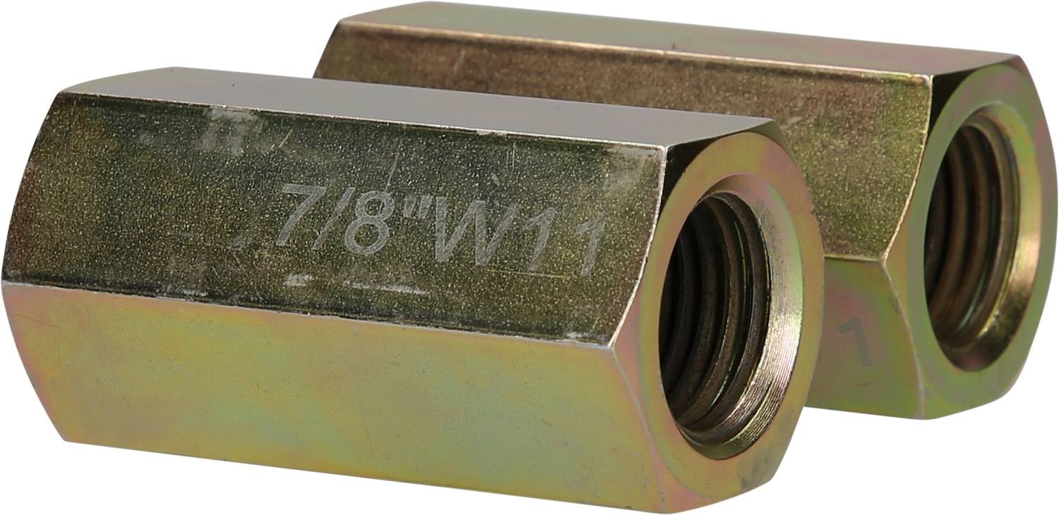 Two galvanised hexagonal connectors with threading, the size specification '7/8" W11' is engraved on one of the connectors.