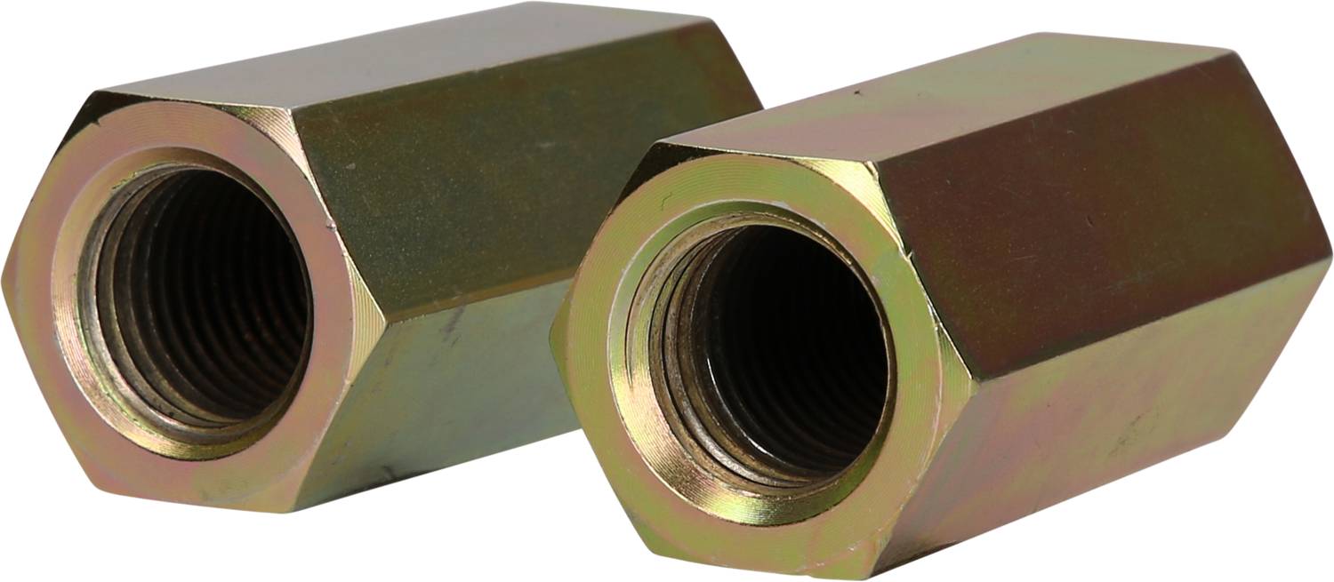 Two hexagonal metal nut extensions are lying on top of each other, showing their internal threads. They are made of shiny, coated metal.