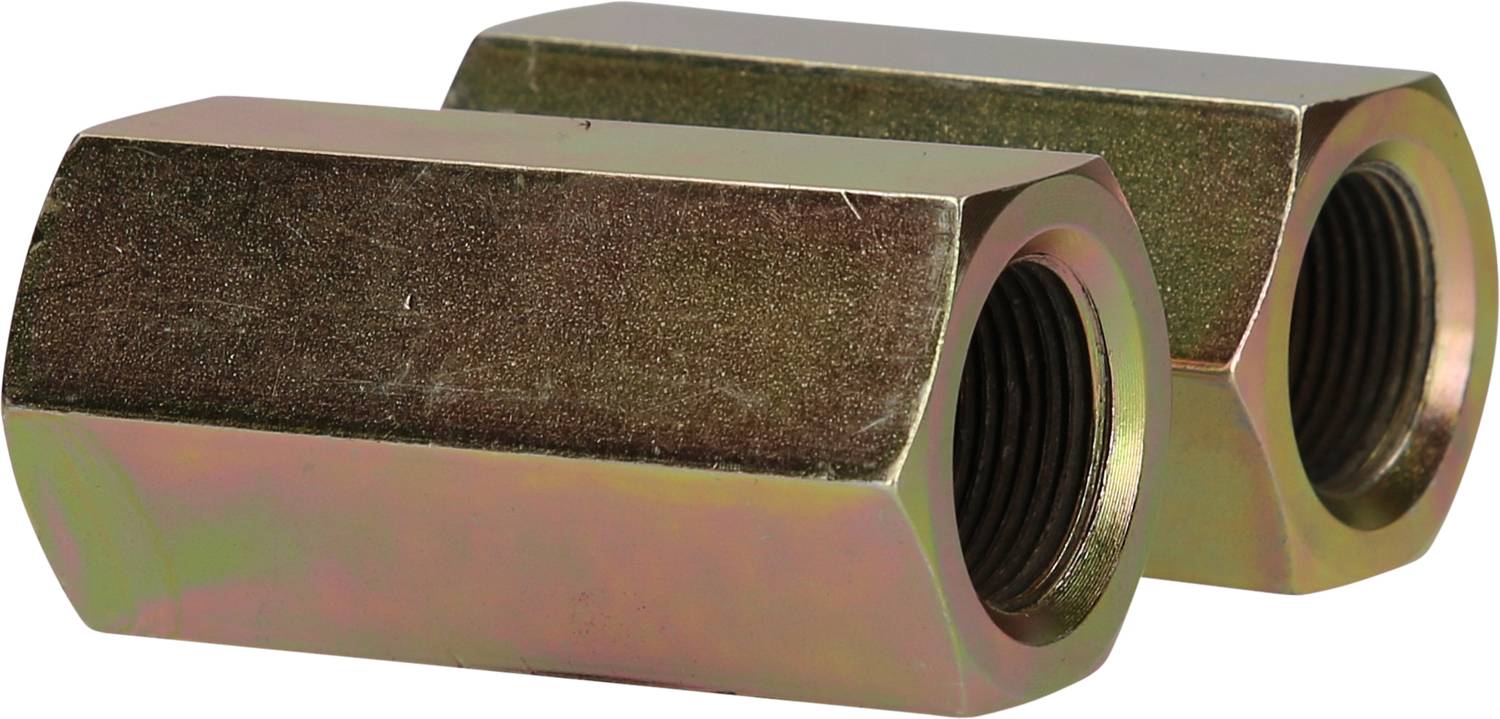 Two hexagonal metal threaded fittings with internal threads, possibly used for extending or connecting threaded rods.