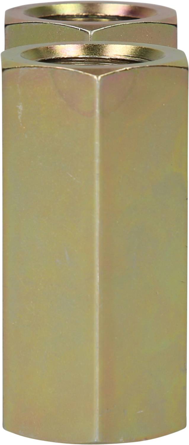 Cylindrical metal adapter or connector with a hexagonal cross-section, presumably for connecting two threaded bolts.