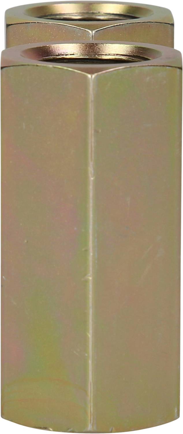 A long, hexagonal metal connecting piece, most likely a threaded sleeve, with a golden coating.