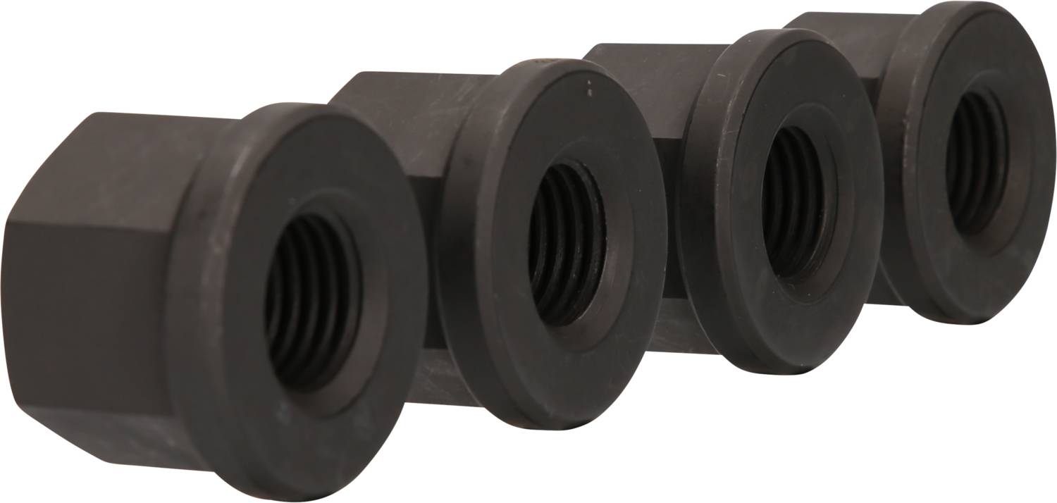 Four black hexagonal nuts in a row on a white background.