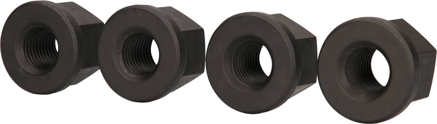 Four black hexagonal nuts are lined up next to each other in a row.