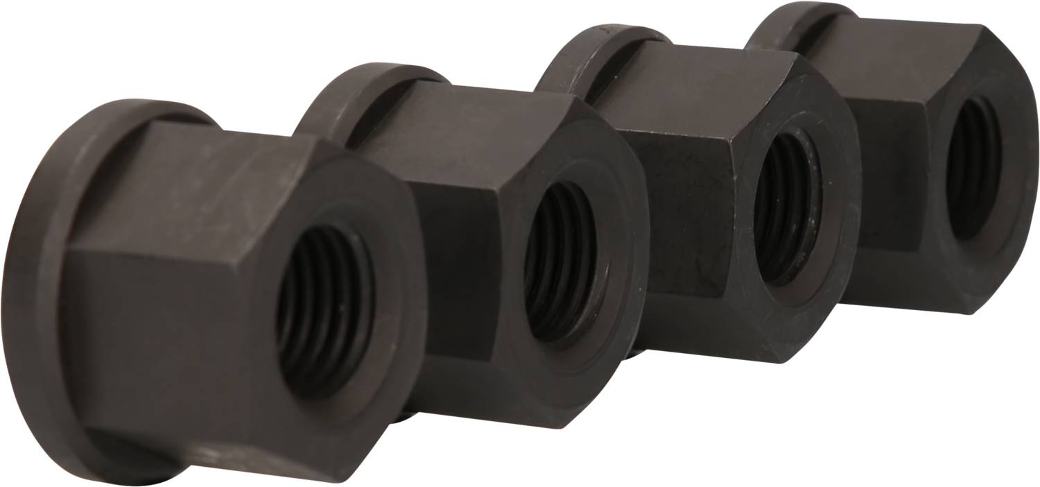 Four black hexagonal nuts in a row.