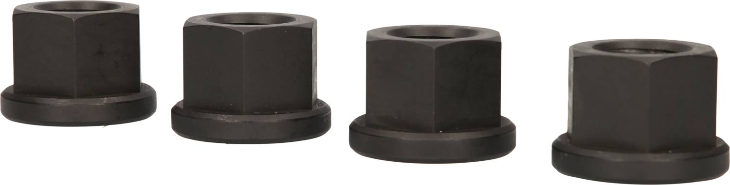 Four black, hexagonal nuts in a row on a white background.
