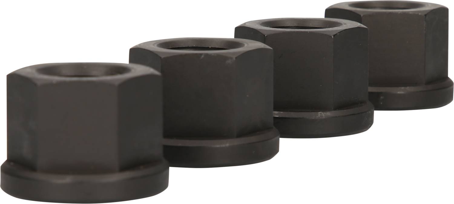Four black hexagonal nuts in a row.