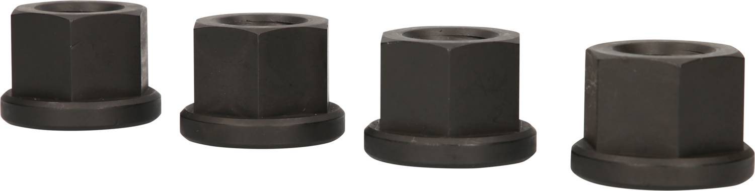 Four black hexagonal nuts lined up on a light surface.<br><br>Note: This translation is already in British English, so no further modifications were necessary.