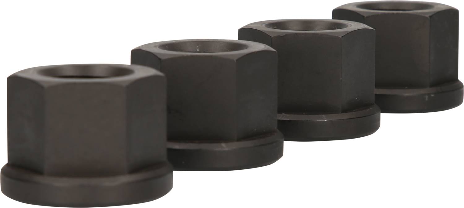 Four black, hexagonal nuts arranged in a row.