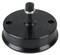 Large round black metal plate with a central screw and two side mounting holes. Used for fastening.