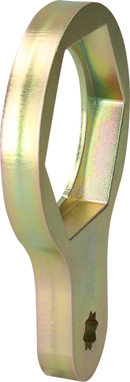 A gold-coloured ring spanner with an oval head and handle, typically used for loosening or tightening nuts.