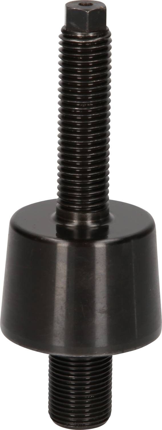 A black metal bolt with two threads, featuring a large central disc: upper threaded rod longer than the lower one.