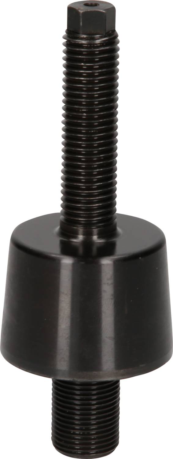 Black metal turned part with two threaded stud ends and a central cylindrical section. Used for mechanical fastenings.