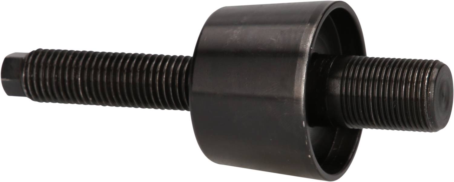 A black cylindrical pin with threads at both ends and a wide central section, which is presumably used for fastening or support.