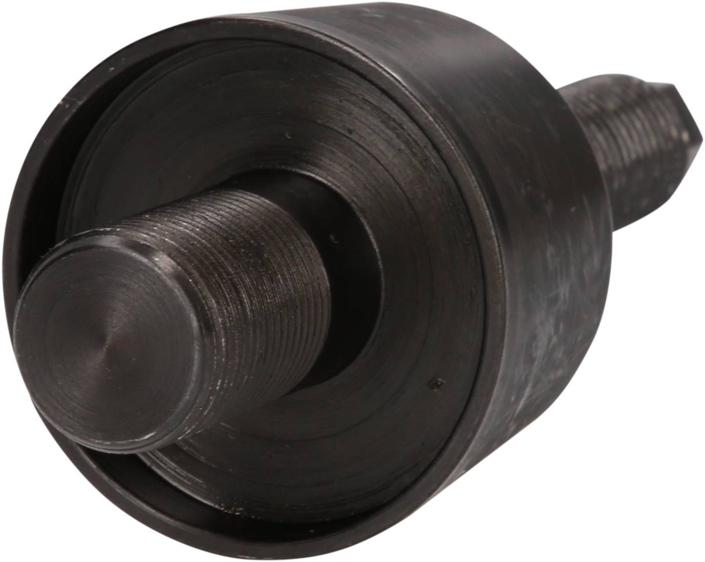 A black metal bearing, cylindrical in shape, with a thread on one side. It is used for mechanical connections.