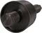 A black metal bearing, cylindrical in shape, with a thread on one side. It is used for mechanical connections.