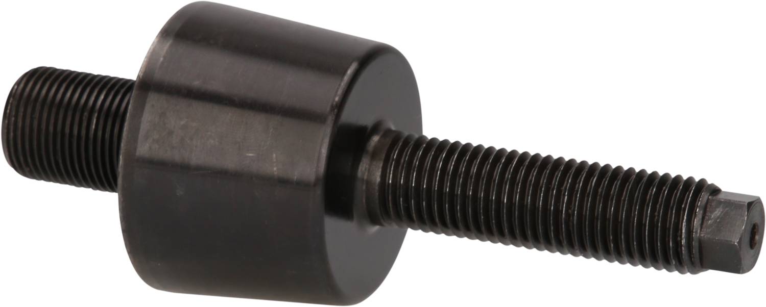 A black metal bolt with a long thread and a cylindrical head.