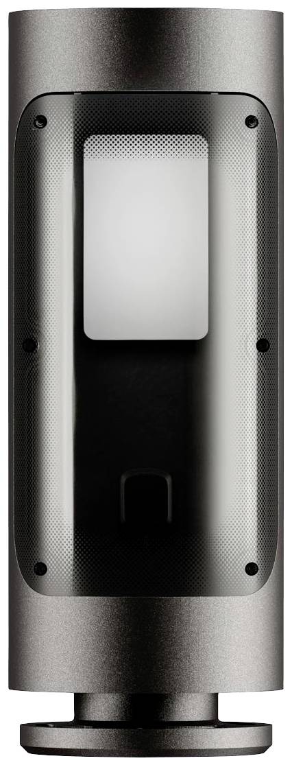A modern, cylindrical outdoor light in silver with integrated motion sensor, suitable for illuminating building entrances.