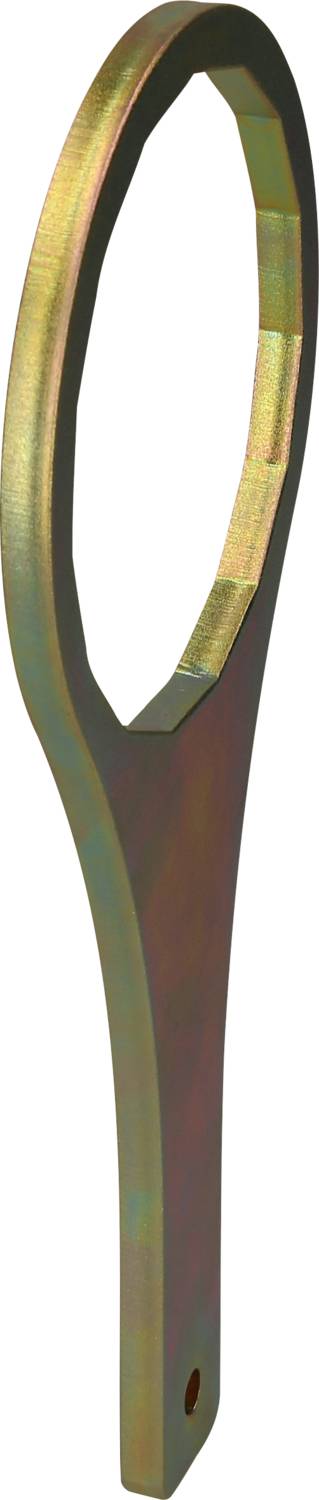 Metal key with a hexagonal opening and long handle, presumably a specialist tool for maintenance or assembly.
