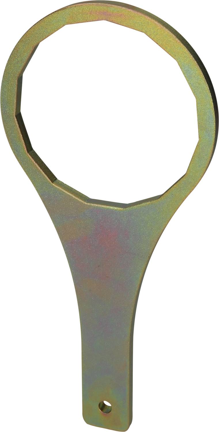 A metallic hand tool spanner with a hexagonal opening at the end, suitable for loosening or tightening nuts.