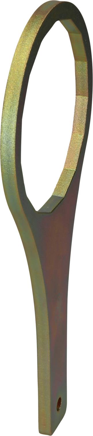 A metal hand tool with an oval opening and long handle, used for tightening or loosening nuts.