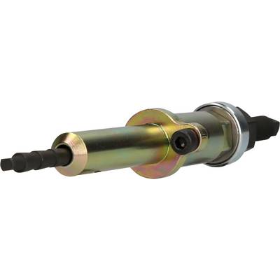 Metallic piston, most likely a hydraulic or pneumatic component, with a black shaft and visible screw connection.