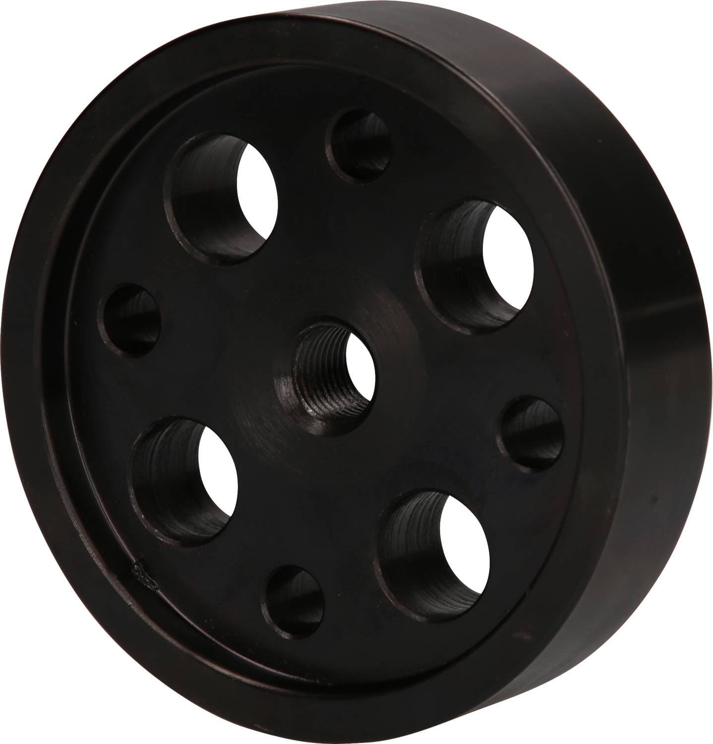 Round, black metal wheel with multiple evenly distributed holes; often used in mechanical applications.