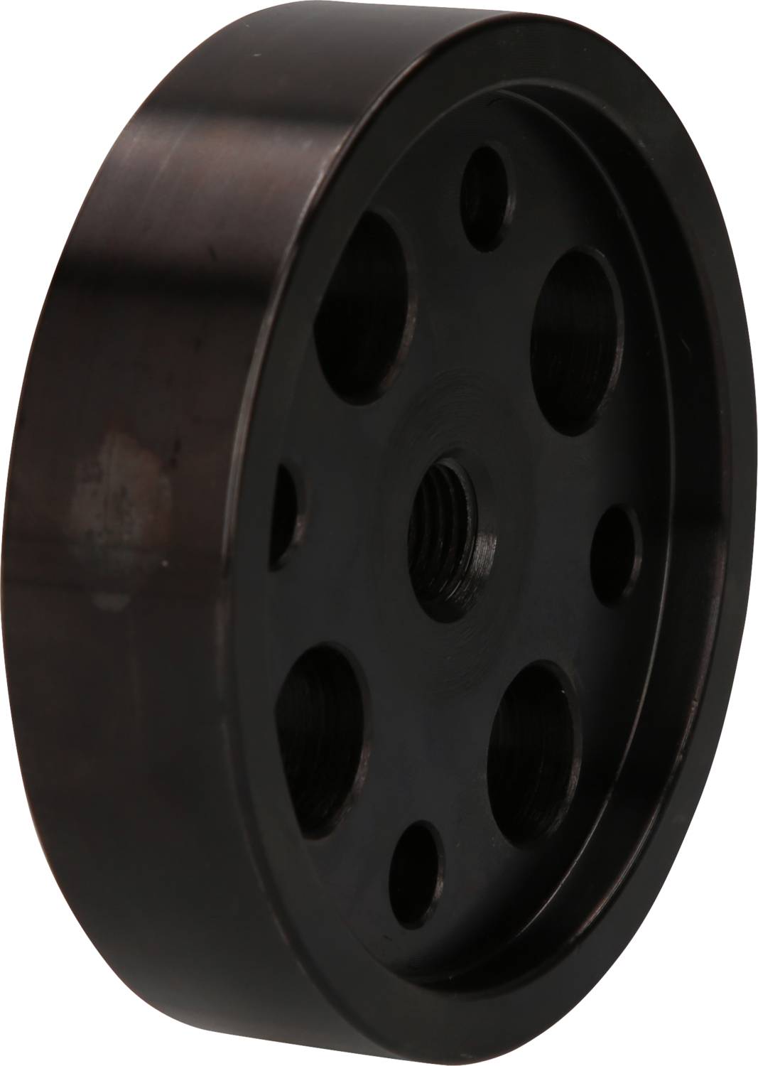 Black metal wheel with five large round holes and a central thread, side perspective.