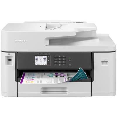 A white-grey multifunction printer is printing a coloured document with diagrams. The control panel displays menu options.