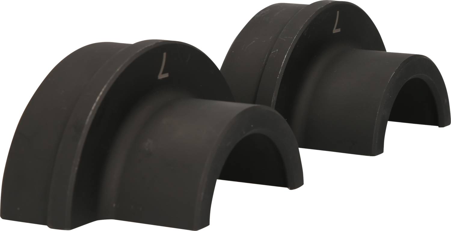 Two black L-shaped plastic pipe clips are lying side by side. They are designed for securing pipes or cables.