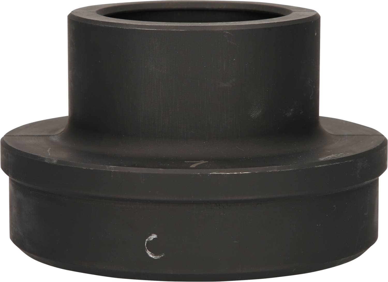 Black, cylindrical plastic adapter with a wide flange and broad opening at the top. Used for pipe connections.
