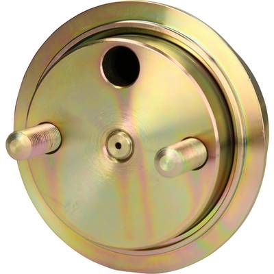 Round metal plate with two protruding screws. An opening at the top is likely to serve as a fixing point or valve.