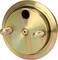Round metal plate with two protruding screws. An opening at the top is likely to serve as a fixing point or valve.