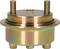 A metallic component with a circular base and two protruding threaded connections at the top. It is industrially manufactured and displays metallic colours.