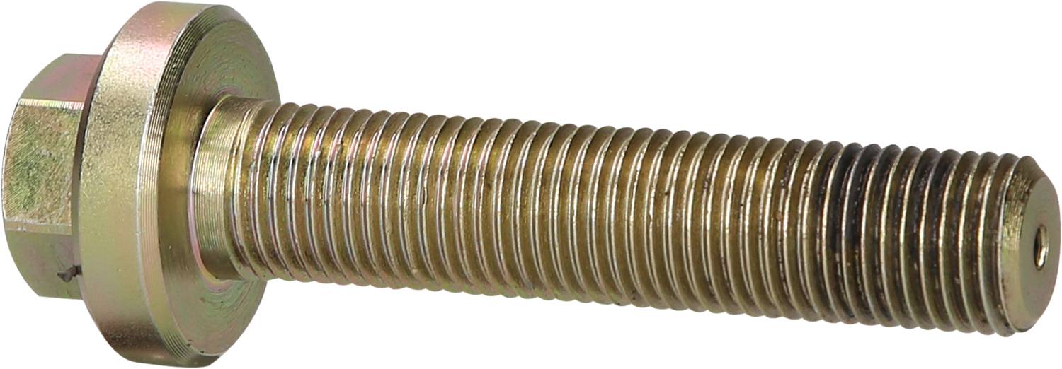 'A large hexagonal metal bolt with a partially knurled shaft, photographed against a white background.'