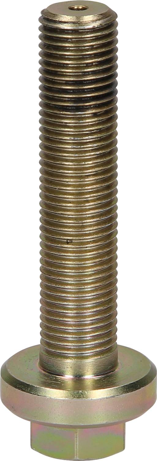 A single, metallic hexhead bolt with thread, standing vertically.