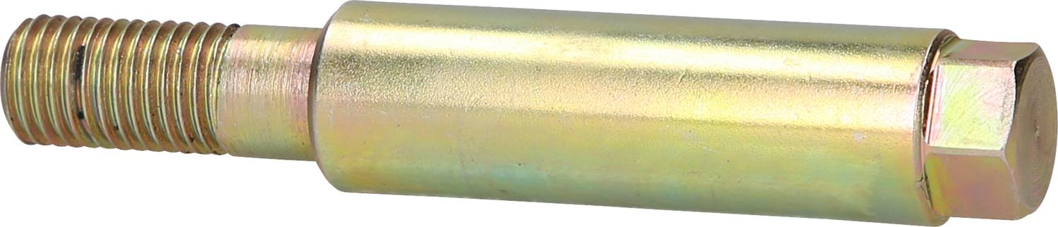 Metal bolt with a threaded side and a hexagonal head on the other side, with a shimmering finish.