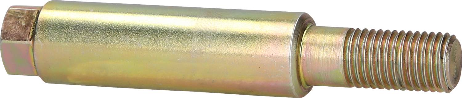 Cylindrical metal pin with right-hand thread, gold-coloured, shiny, possibly part of a mechanical device or tool.