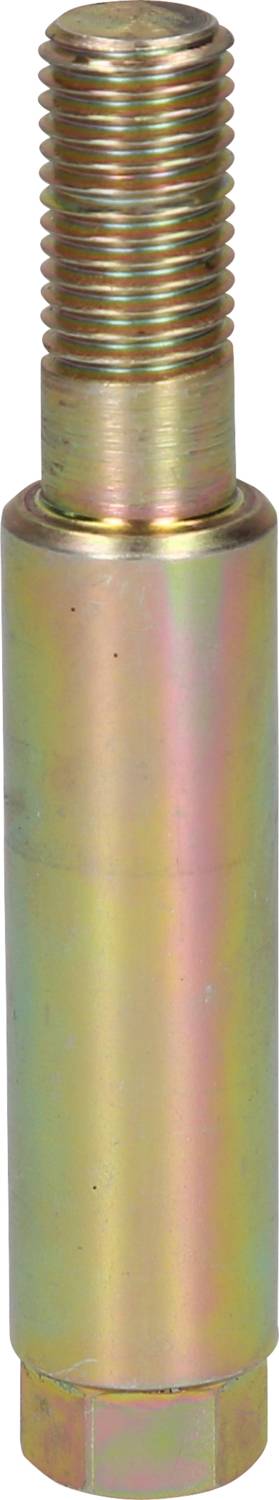 A metallic bolt with threading, of cylindrical shape, displays slight rainbow colours. Primarily a mechanical component.