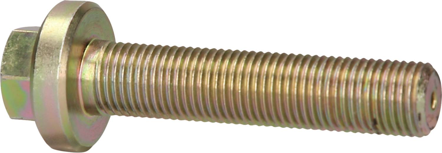 A hexagonal metal screw bolt with threading and a flange, lying on a neutral background.