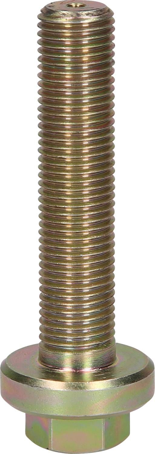 A metallic hexagonal bolt with a round head, made of shiny material.