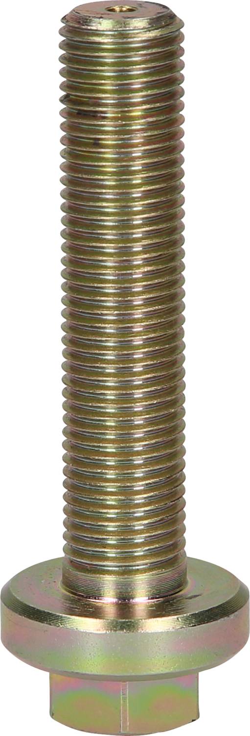 A metallic hexagonal bolt with thread and a wide head, standing on its head.