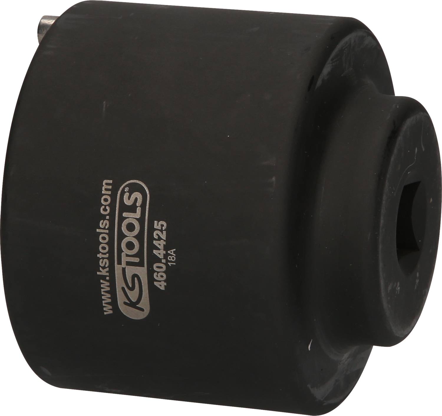 A black hexagonal socket with the inscription 'KS Tools 460.4425', used for loosening or tightening screws with a socket wrench.