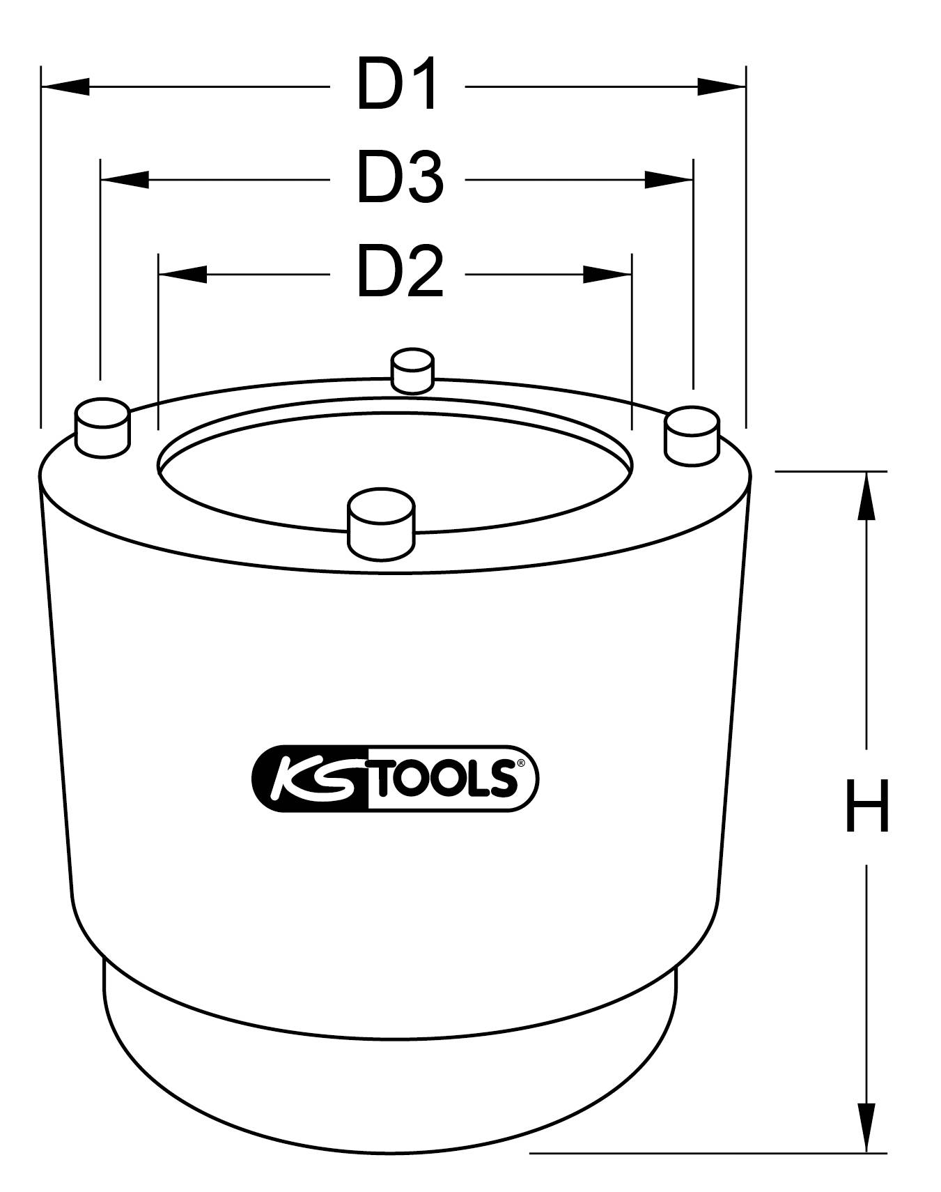 'KS Tools' tool, cylindrical in shape with various diameter specifications D1-D3, and height H. Used for mechanical applications.
