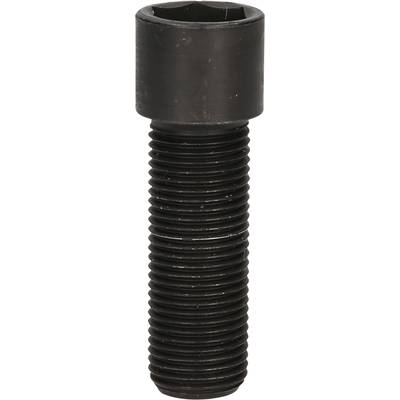 Black hexagon bolt with thread, for securing components in machines or constructions.