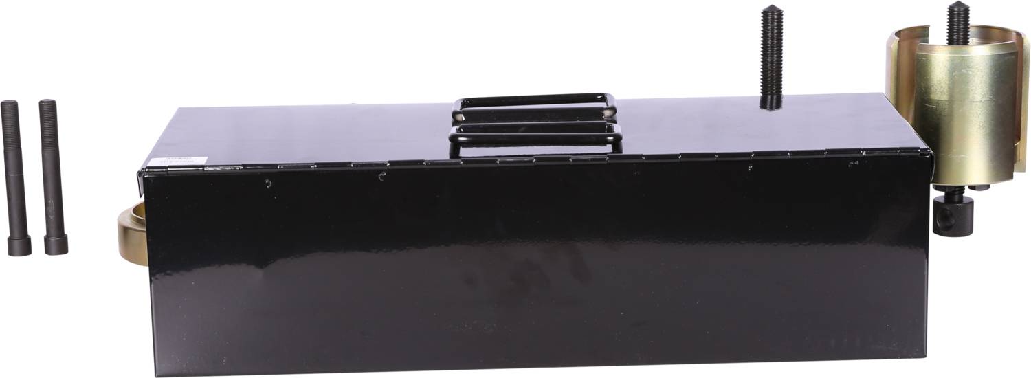 A black metal device with a handle on top, two long screws on the left, and a cylindrical fixing point on the right.