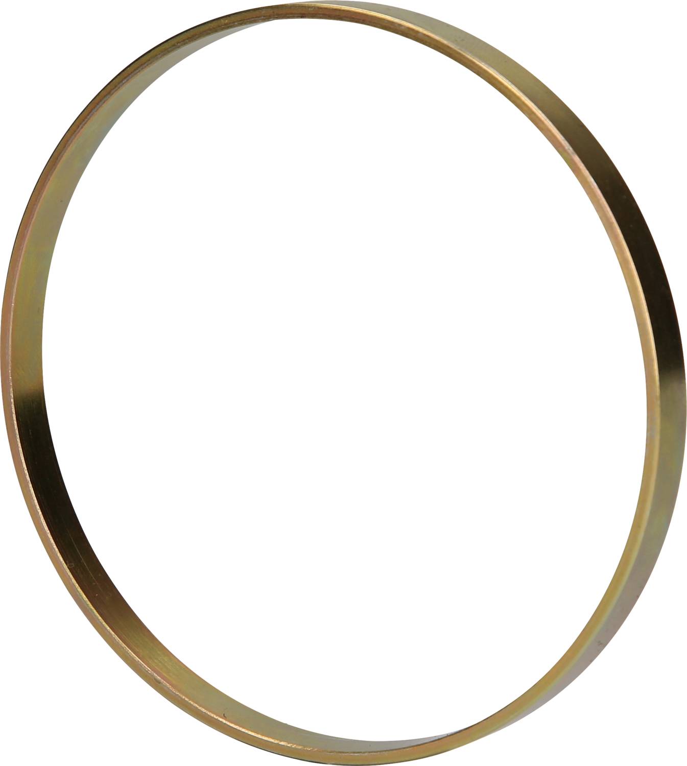 A simple golden ring, circular and smooth, hovers against a white background.