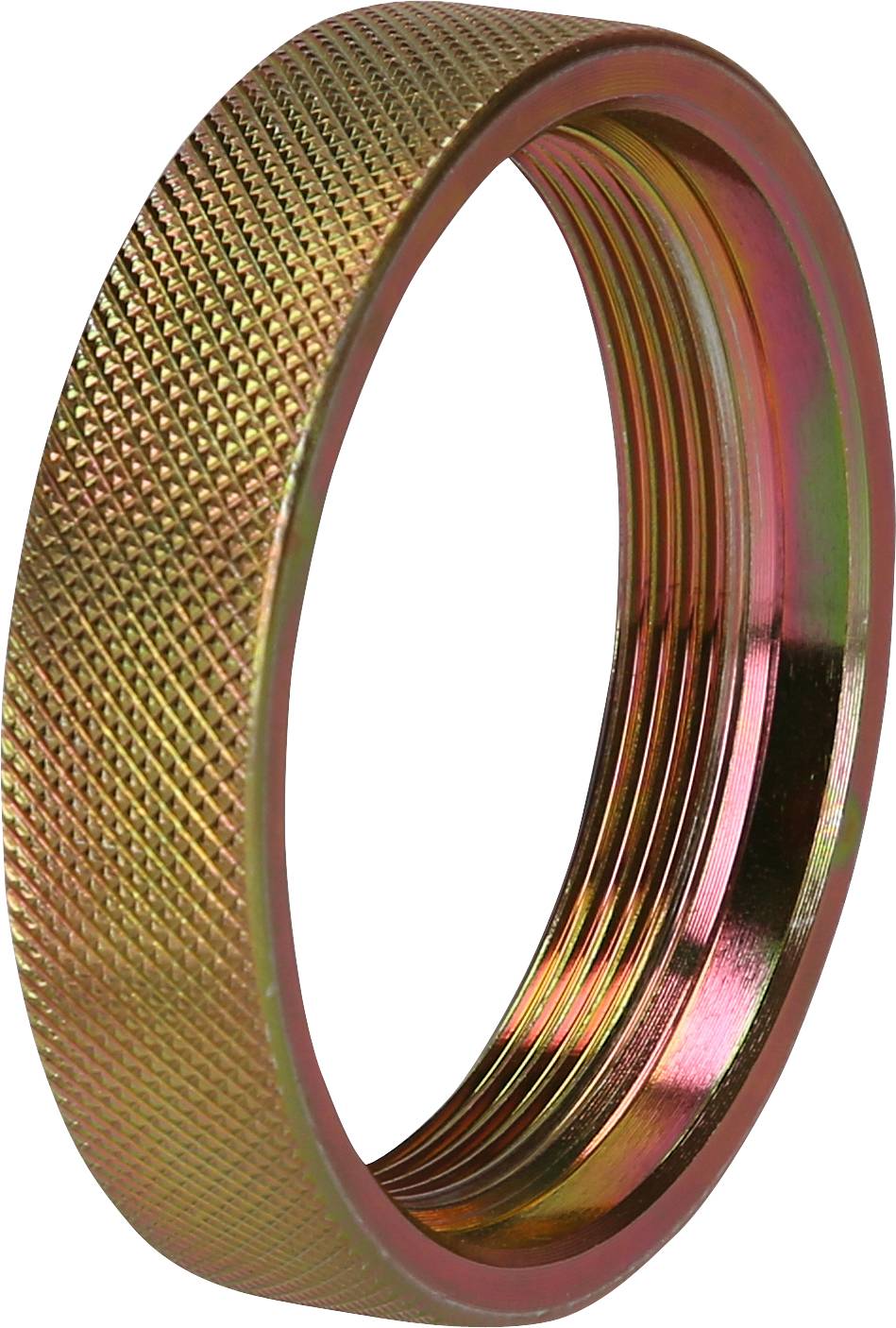 Metal threading with a gold-coloured surface and ribbed structure to enhance grip. Used in mechanical applications.