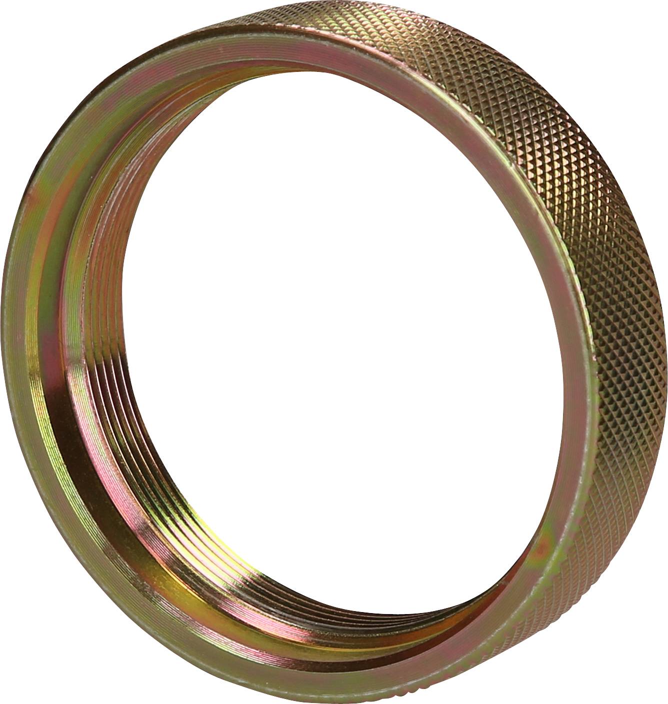 A gold-coloured, circular metal ring with a knurled surface to improve grip.